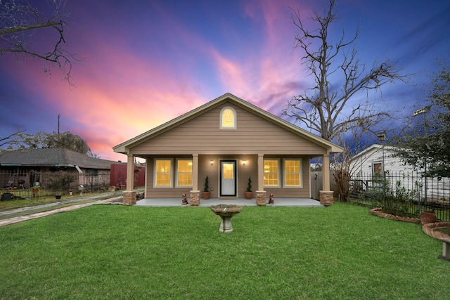 back house at dusk with a yard