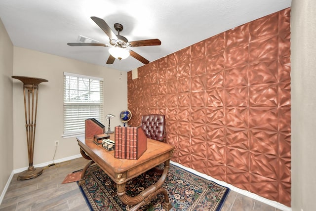 office area featuring hardwood / wood-style flooring and ceiling fan