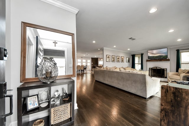 living room with crown molding and dark hardwood / wood-style floors