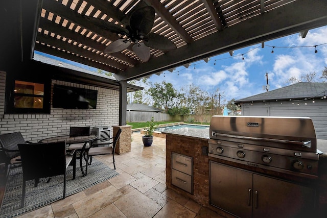 view of patio / terrace featuring a pergola, ceiling fan, an outdoor kitchen, a fenced in pool, and a grill