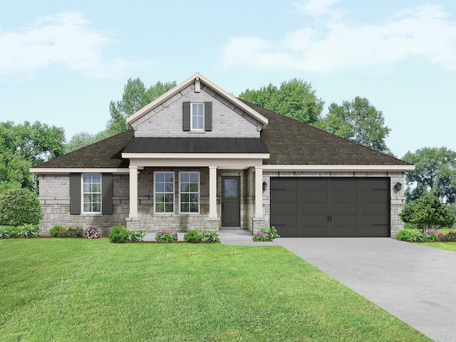 view of front of house with a front lawn, a garage, and a porch