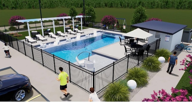 view of swimming pool featuring a water view and a patio