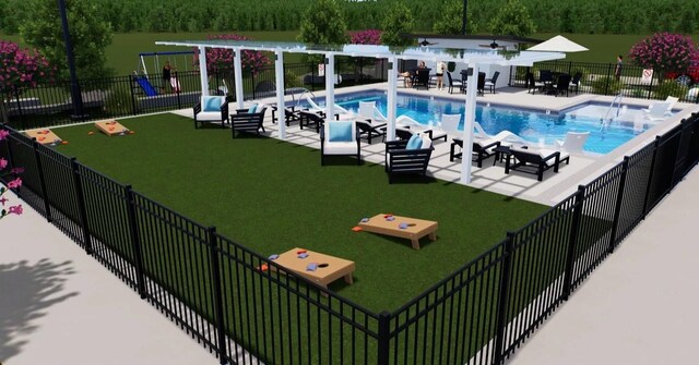 view of pool featuring a lawn and a patio area