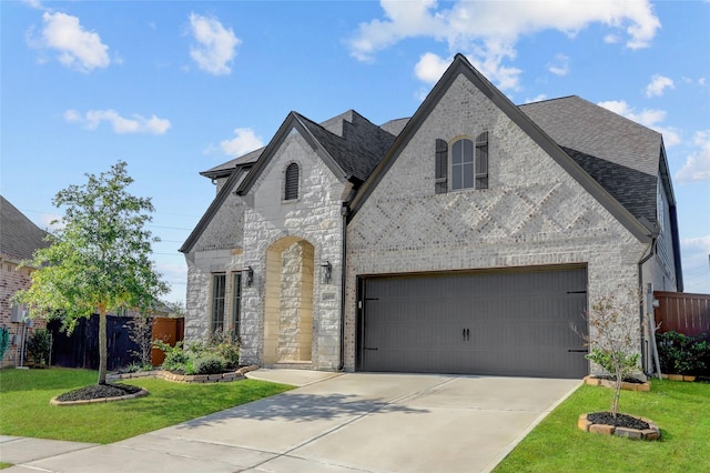 french country inspired facade with a front yard and a garage