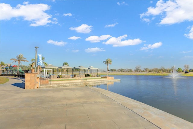 exterior space with a water view