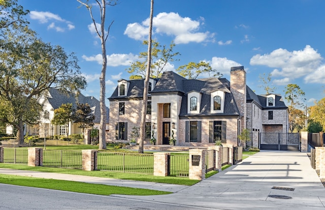 french provincial home with a front lawn