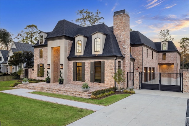 french provincial home with a lawn