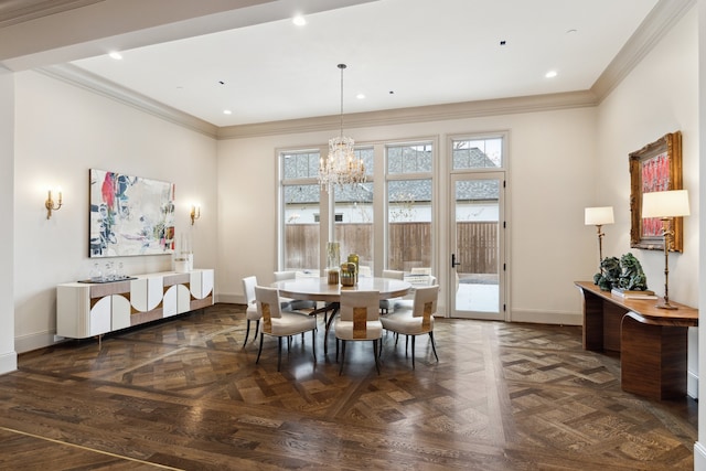 dining space featuring an inviting chandelier, crown molding, and dark parquet flooring