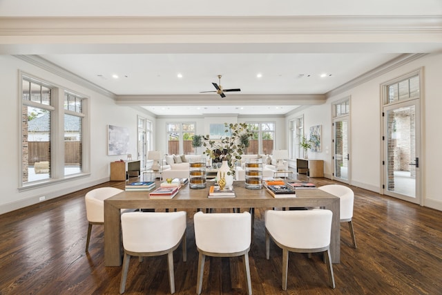 dining area featuring beamed ceiling, crown molding, and dark hardwood / wood-style flooring