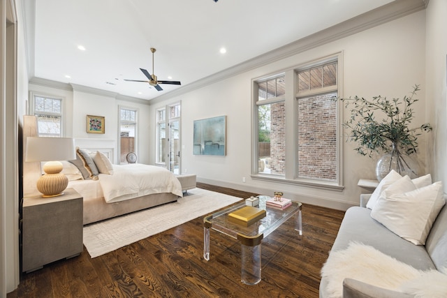 bedroom featuring ornamental molding and dark hardwood / wood-style floors