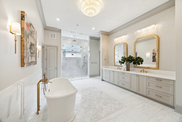 bathroom with vanity, crown molding, and shower with separate bathtub