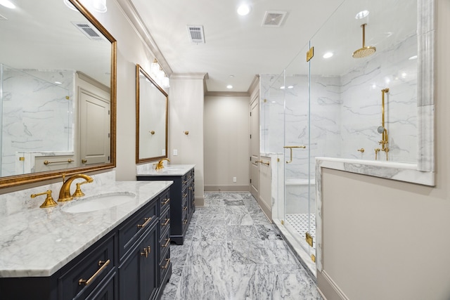 bathroom with an enclosed shower, vanity, and ornamental molding