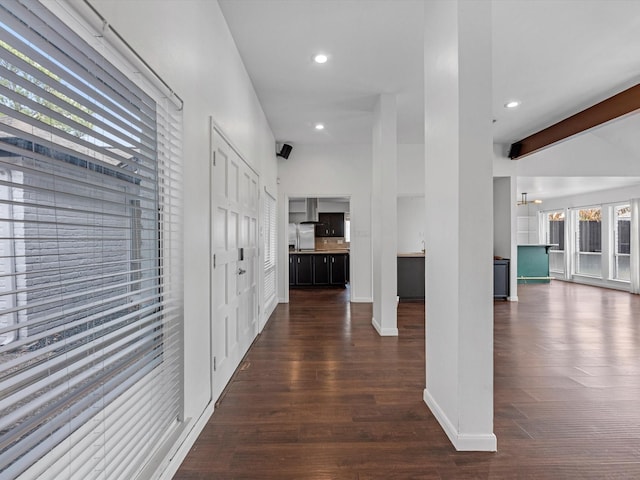 hall featuring an inviting chandelier and dark hardwood / wood-style flooring