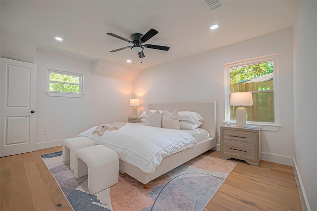 bedroom featuring ceiling fan and light wood-type flooring