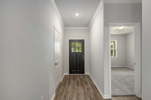 doorway featuring ornamental molding, a healthy amount of sunlight, and hardwood / wood-style floors