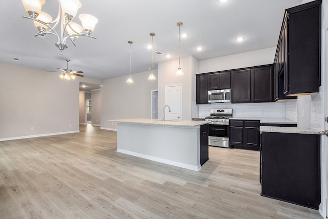 kitchen featuring decorative light fixtures, tasteful backsplash, a center island with sink, stainless steel appliances, and ceiling fan with notable chandelier