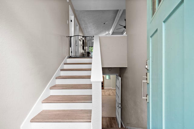 staircase with ceiling fan and wood-type flooring