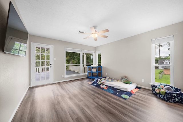 misc room featuring ceiling fan, a healthy amount of sunlight, and hardwood / wood-style flooring