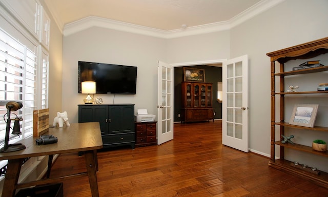 office space with dark hardwood / wood-style flooring, crown molding, and french doors