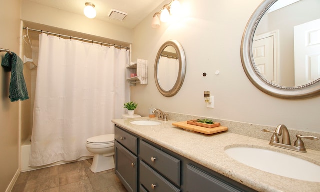 full bathroom with toilet, shower / bathtub combination with curtain, and vanity