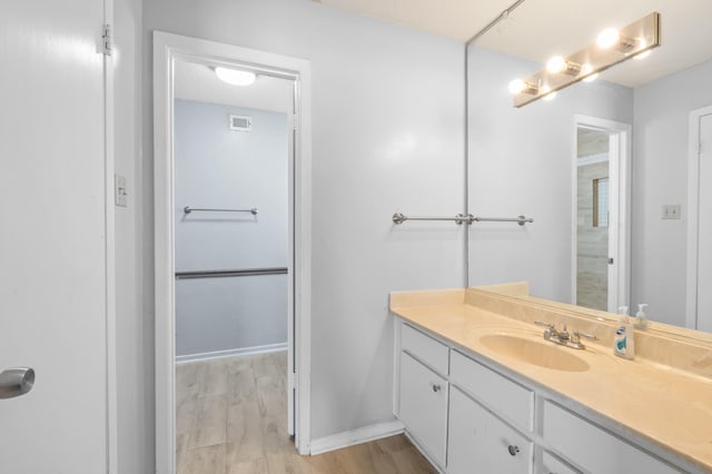 bathroom with hardwood / wood-style flooring and vanity