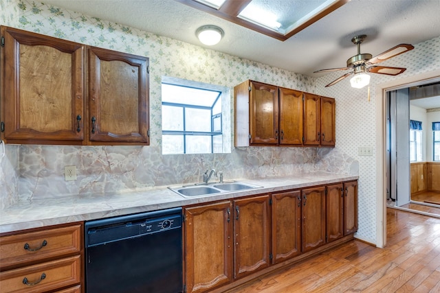 kitchen featuring ceiling fan, tasteful backsplash, sink, black dishwasher, and light hardwood / wood-style flooring