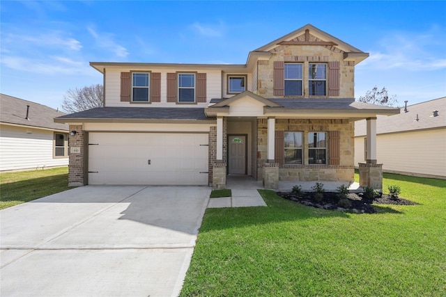 craftsman-style house with a front lawn, a garage, and a porch