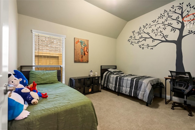 carpeted bedroom featuring vaulted ceiling