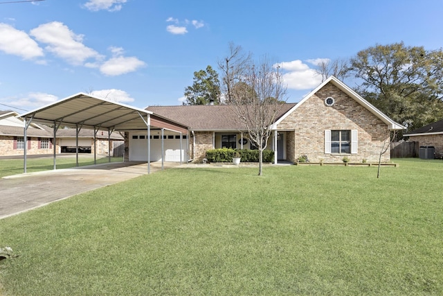 view of front of property with a garage, a front yard, a carport, and central AC