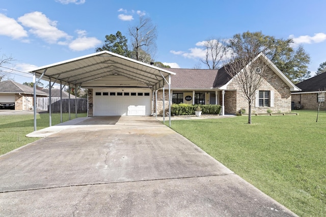 ranch-style home featuring a front lawn, a garage, and a carport