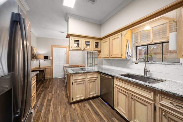 kitchen with appliances with stainless steel finishes, dark wood-type flooring, tasteful backsplash, sink, and kitchen peninsula