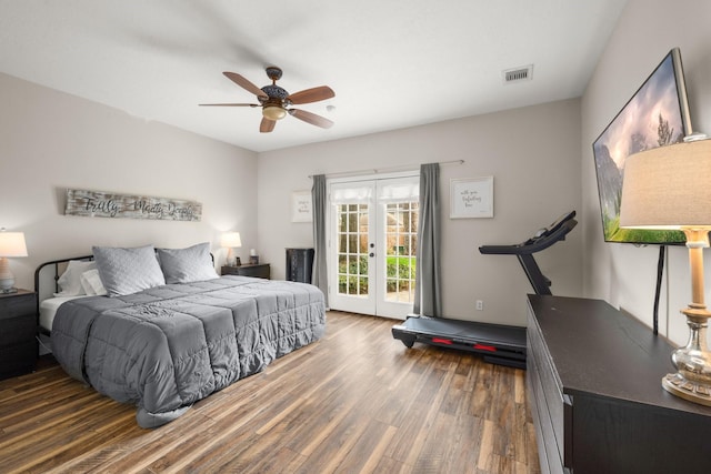 bedroom with ceiling fan, access to exterior, dark hardwood / wood-style floors, and french doors