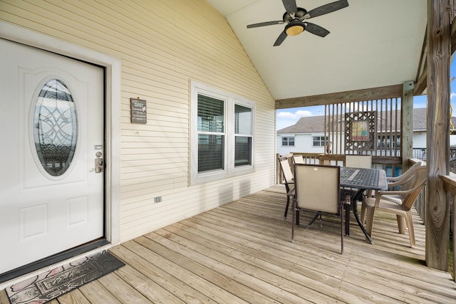 wooden terrace with ceiling fan