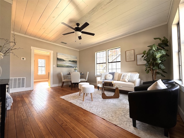 living room featuring ceiling fan, hardwood / wood-style floors, a wealth of natural light, and wood ceiling