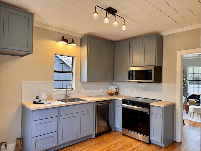 kitchen featuring crown molding, appliances with stainless steel finishes, gray cabinetry, and sink