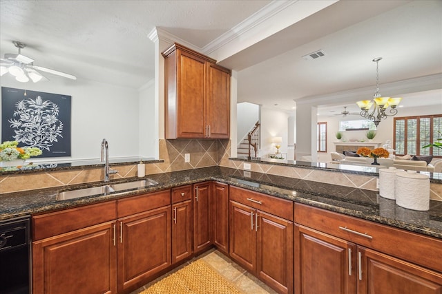 kitchen featuring dishwasher, sink, crown molding, light tile patterned flooring, and dark stone counters