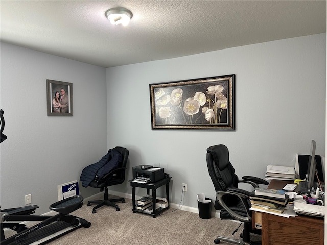 carpeted office with a textured ceiling