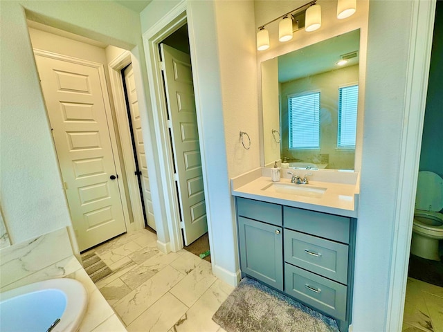 bathroom with toilet, a washtub, and vanity