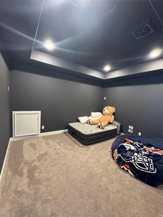 bedroom featuring a raised ceiling and carpet