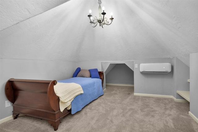 carpeted bedroom with lofted ceiling, a notable chandelier, an AC wall unit, and a textured ceiling