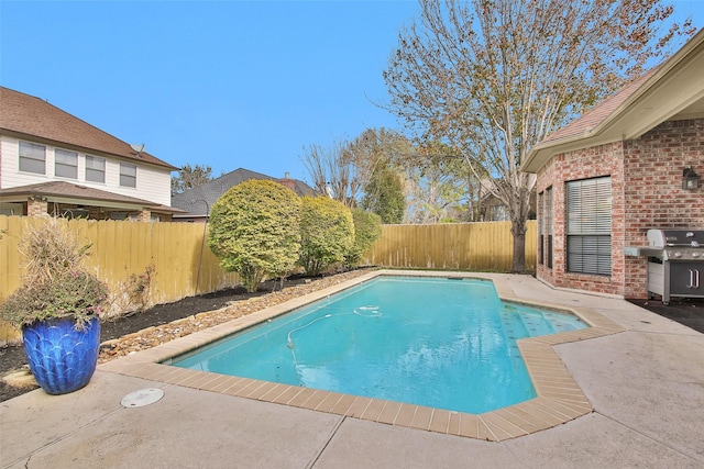 view of pool featuring grilling area and a patio