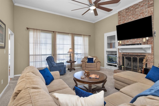 living room featuring crown molding, carpet flooring, and a brick fireplace