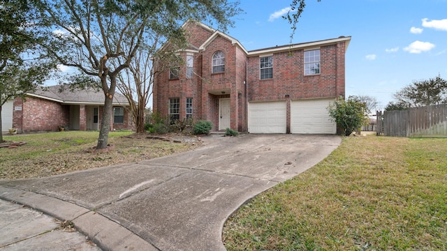 front facade featuring a garage and a front yard