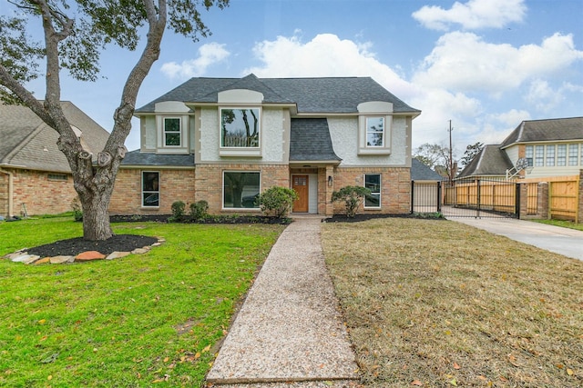 french country inspired facade featuring a front lawn