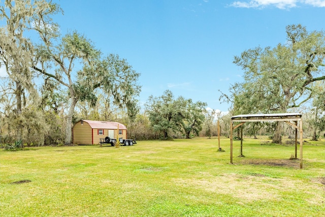 view of yard featuring a storage shed