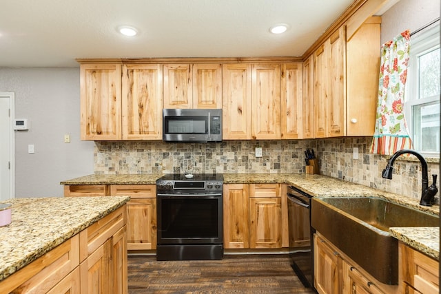 kitchen featuring dark hardwood / wood-style flooring, sink, light stone counters, and stainless steel appliances