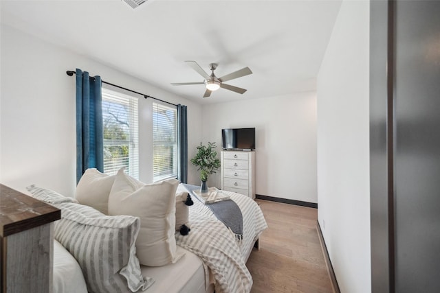 bedroom featuring ceiling fan and light hardwood / wood-style flooring