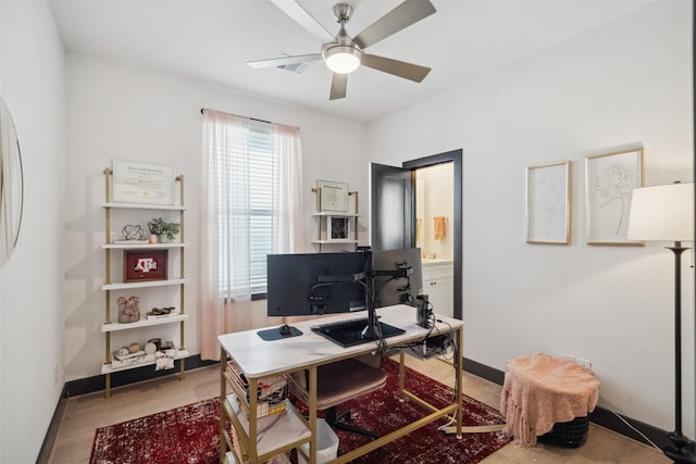 office space featuring ceiling fan and wood-type flooring