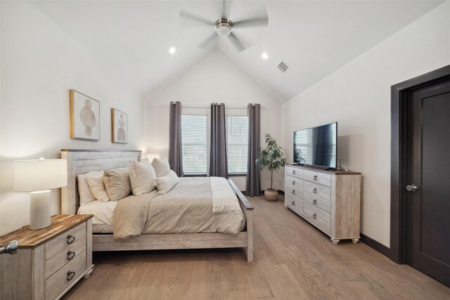bedroom with ceiling fan, visible vents, high vaulted ceiling, recessed lighting, and light wood-style flooring