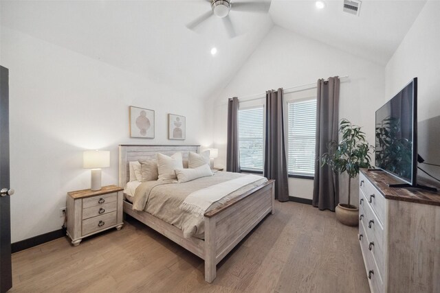 bedroom featuring recessed lighting, a ceiling fan, visible vents, and light wood finished floors